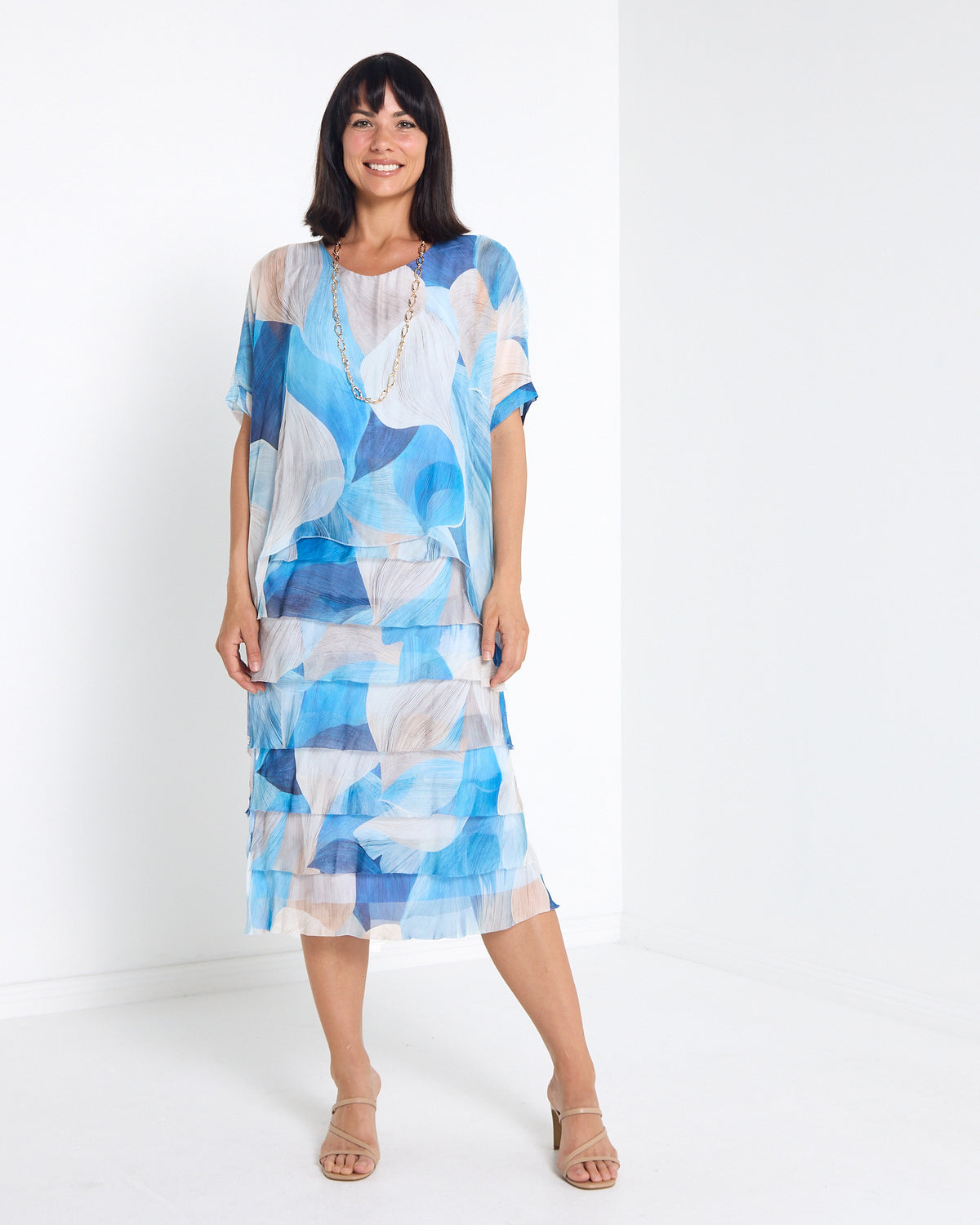 Margo Silk Layered Dress in Blue Celeste, front view, relaxed pose