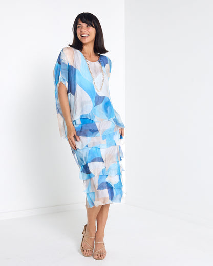 Margo Silk Layered Dress in Blue Celeste, three-quarter view