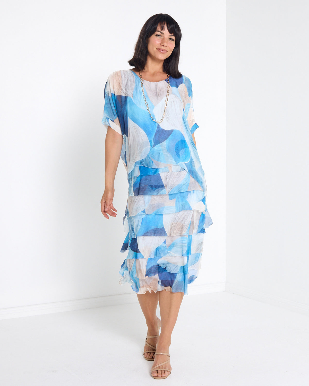 Margo Silk Layered Dress in Blue Celeste, front view