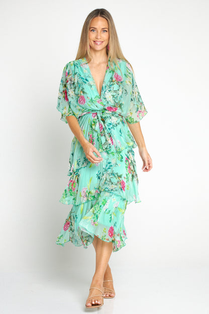 Loira Silk Dress - Mint Rose Garden