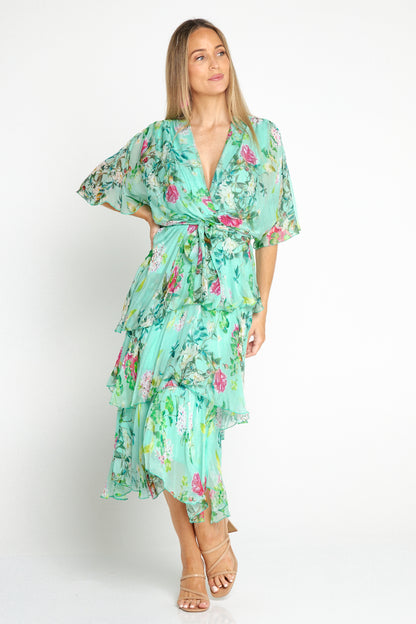 Loira Silk Dress - Mint Rose Garden