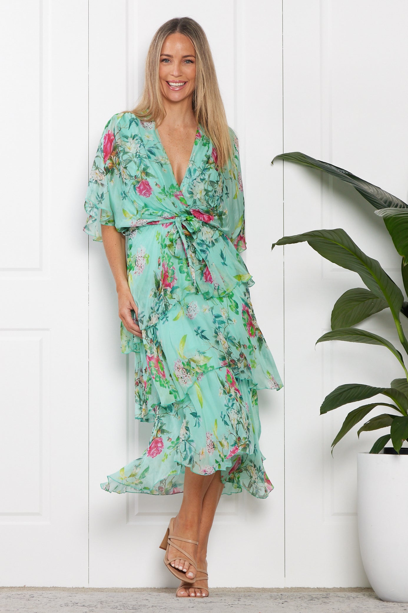 Loira Silk Dress - Mint Rose Garden – TULIO Fashion