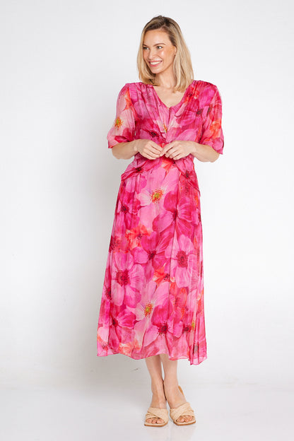 Alissa Silk Dress - Fuchsia Azalea
