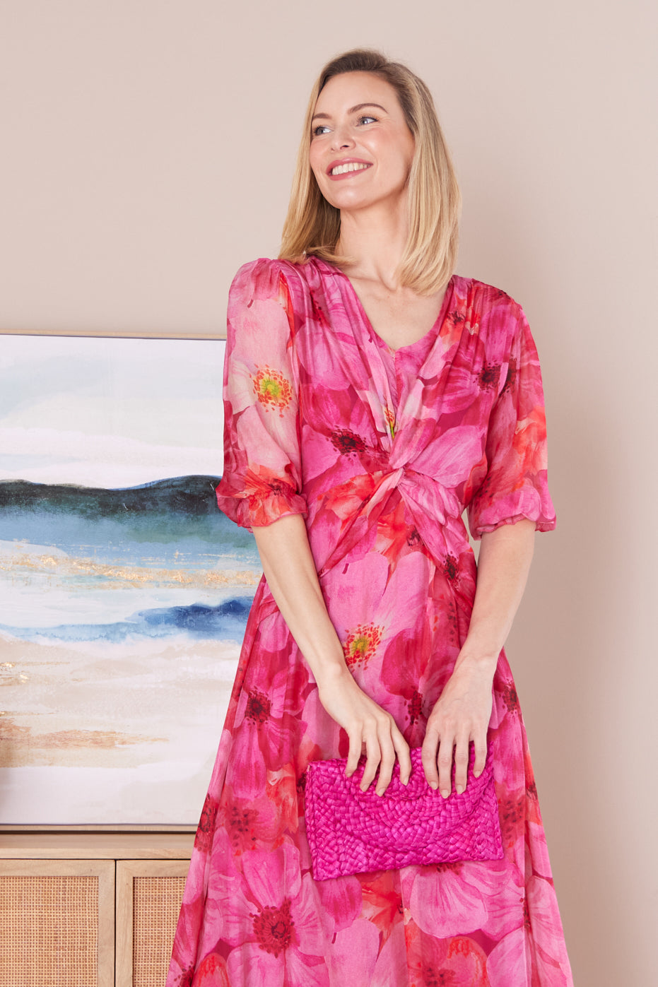 Alissa Silk Dress - Fuchsia Azalea