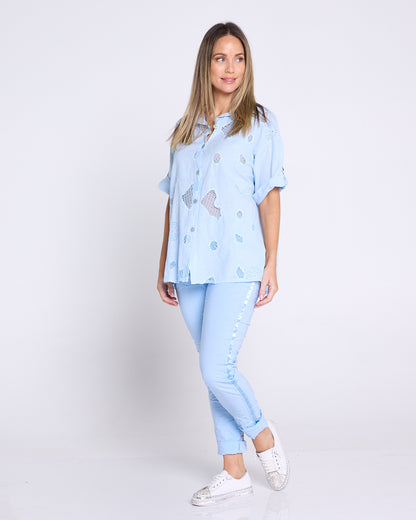 Zadie Stretch Crinkle Pants - Sky Blue