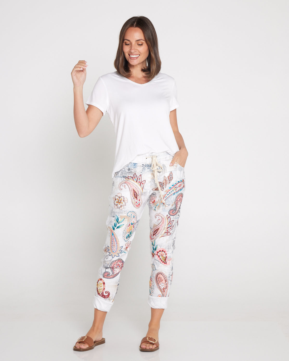 Norah Pants - White/Peach Paisley