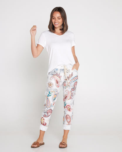 Norah Pants - White/Peach Paisley
