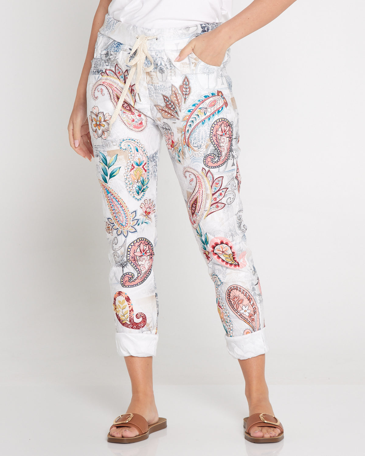 Norah Pants - White/Peach Paisley