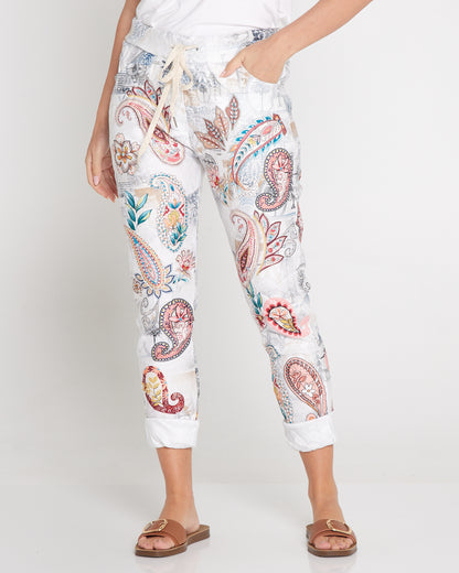 Norah Pants - White/Peach Paisley