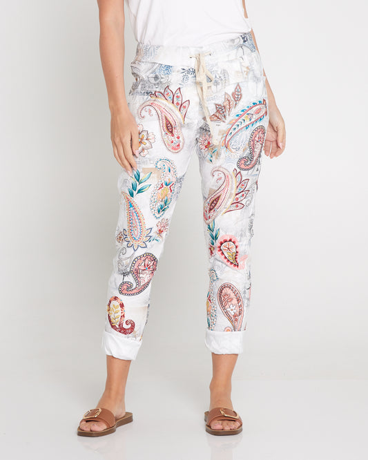 Norah Pants - White/Peach Paisley