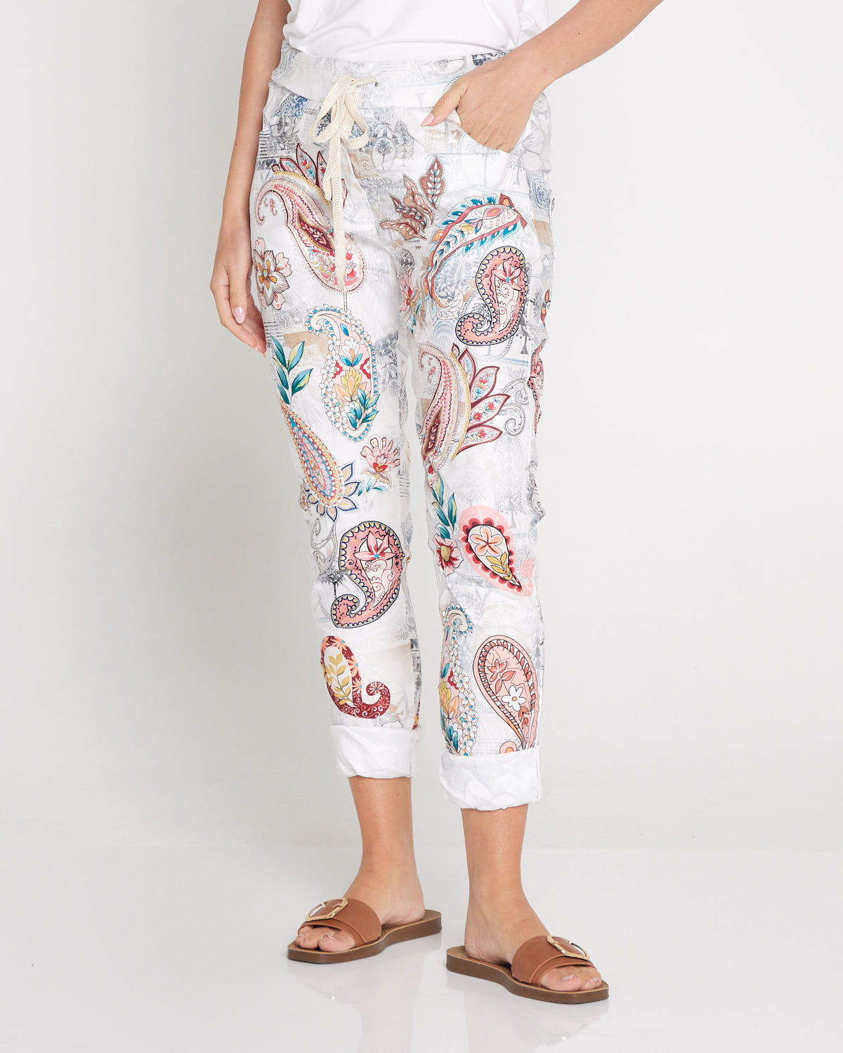 Norah Pants - White/Peach Paisley