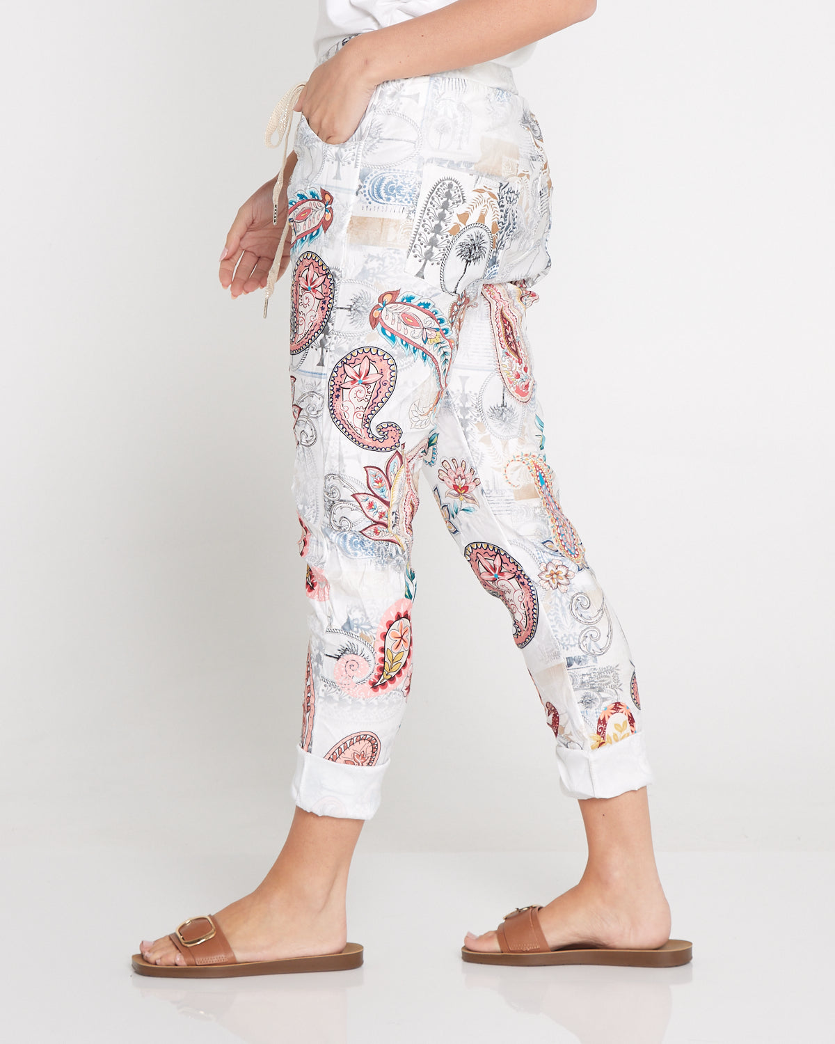 Norah Pants - White/Peach Paisley