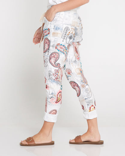 Norah Pants - White/Peach Paisley