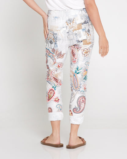 Norah Pants - White/Peach Paisley