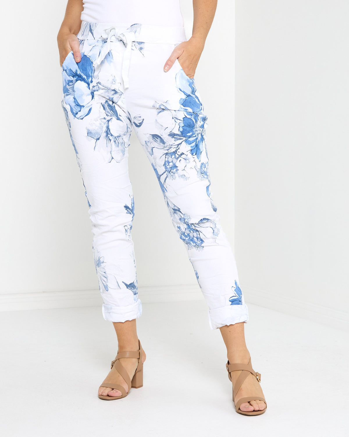 Norah Pants - White/Blue Floral