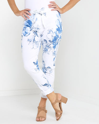 Norah Pants - White/Blue Floral