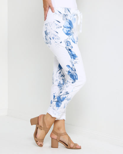 Norah Pants - White/Blue Floral