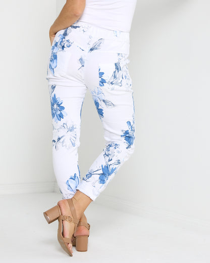 Norah Pants - White/Blue Floral
