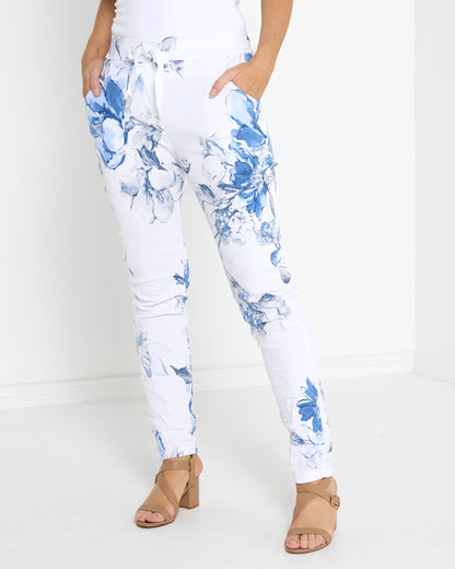 Norah Pants - White/Blue Floral