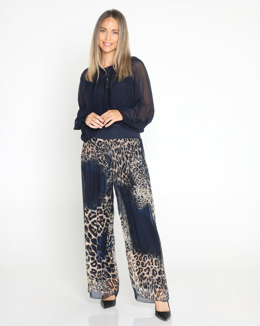 Arlette Silk Pants  - Navy Leopard