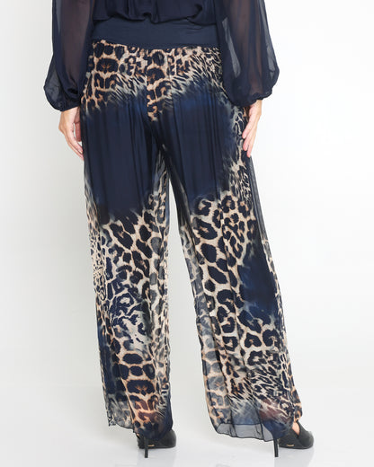 Arlette Silk Pants  - Navy Leopard