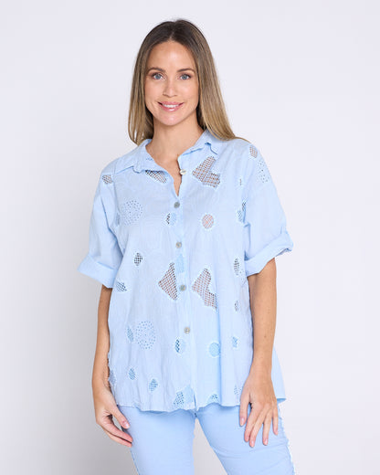 Laslo Embroidered Cotton Shirt – Sky Blue