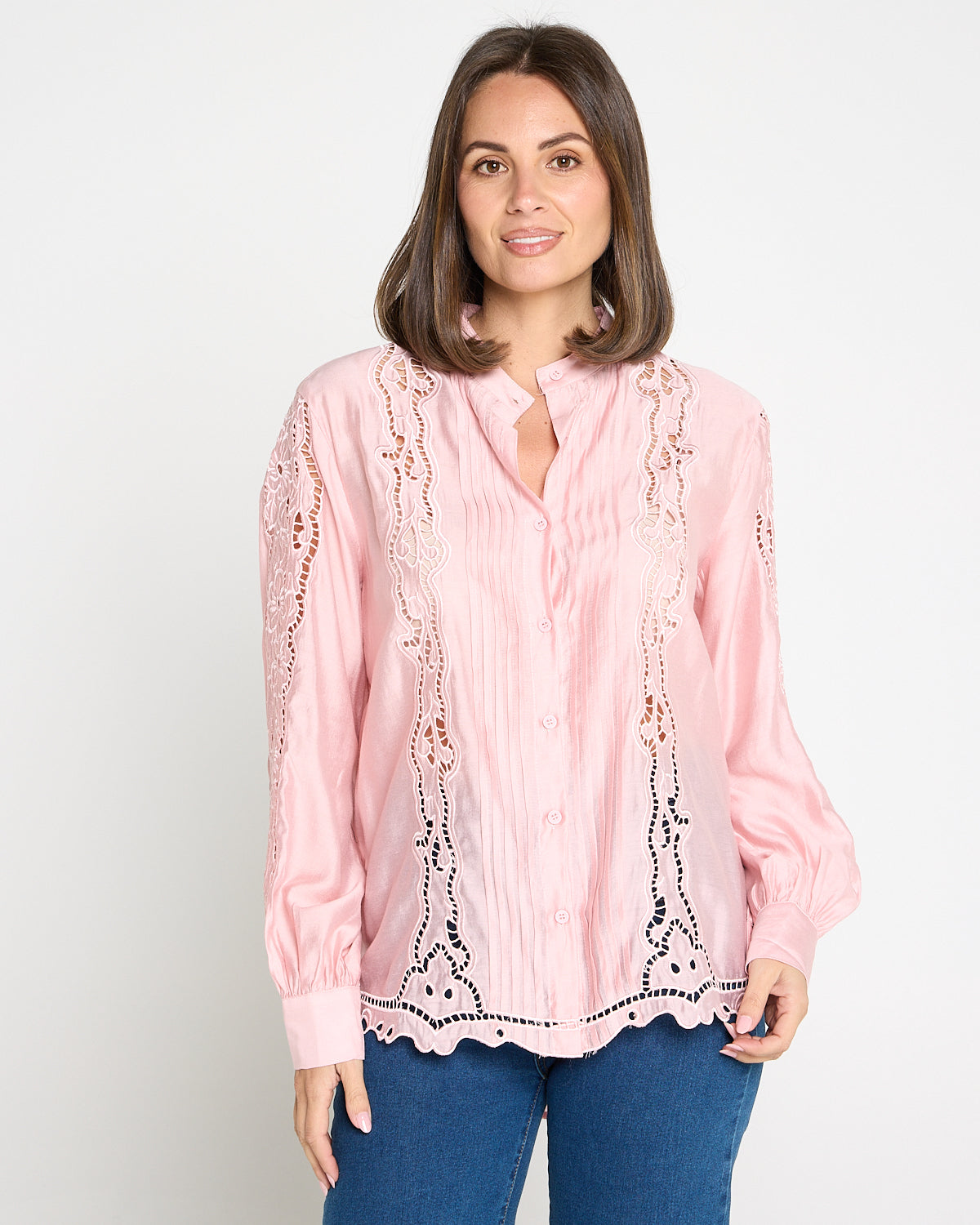 Norah Embroidered Pintuck Tencel Shirt – Pink