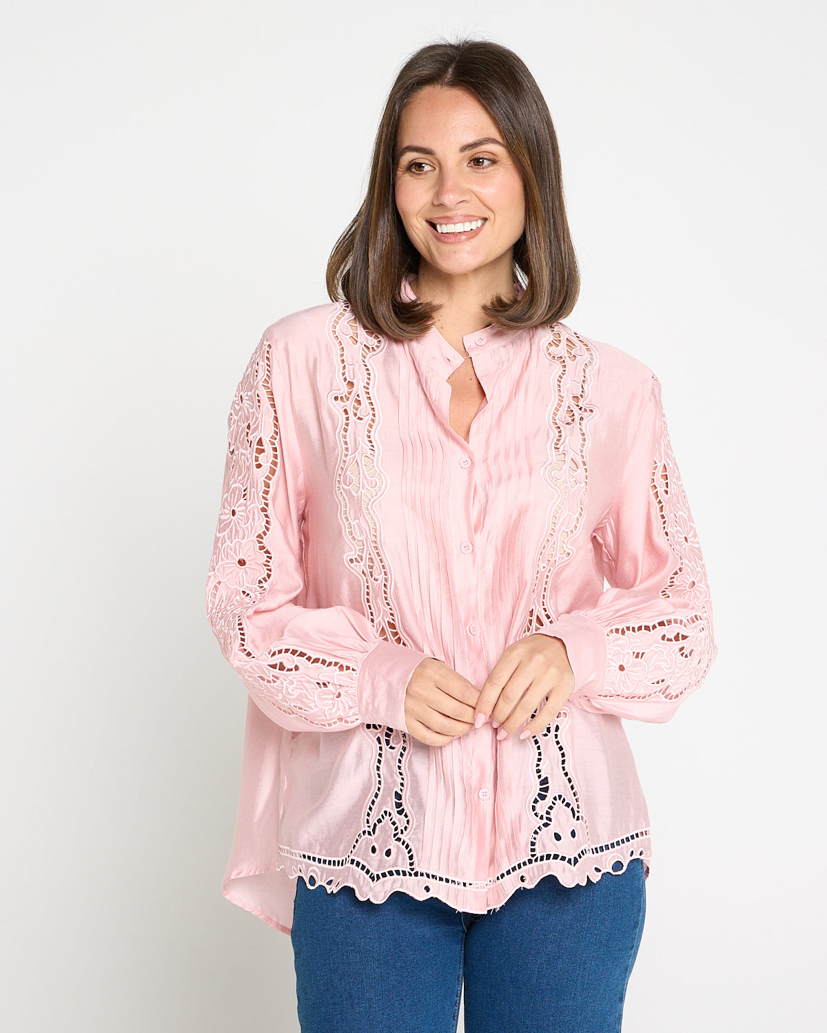 Norah Embroidered Pintuck Tencel Shirt – Pink