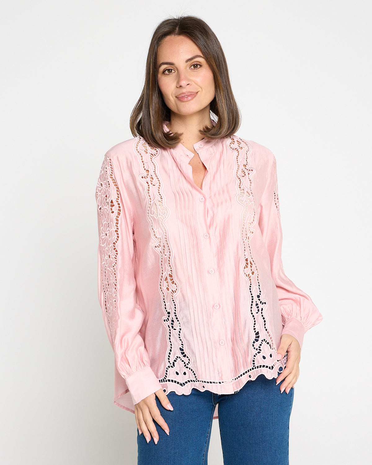 Norah Embroidered Pintuck Tencel Shirt – Pink
