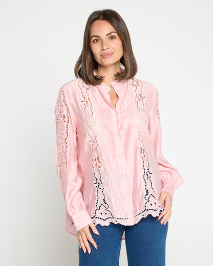 Norah Embroidered Pintuck Tencel Shirt – Pink