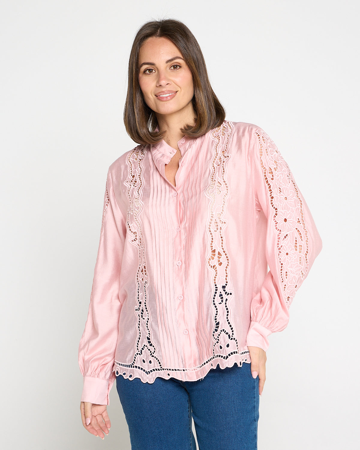 Norah Embroidered Pintuck Tencel Shirt – Pink