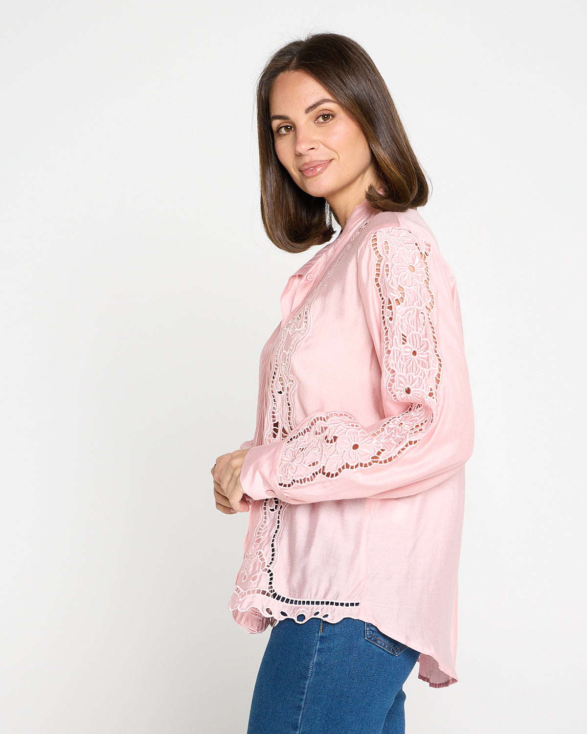 Norah Embroidered Pintuck Tencel Shirt – Pink