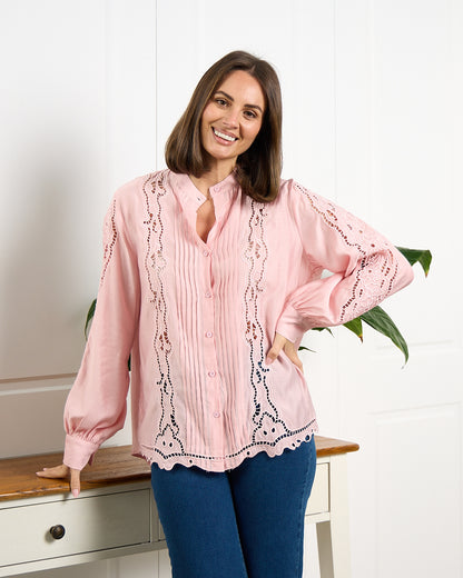 Norah Embroidered Pintuck Tencel Shirt – Pink