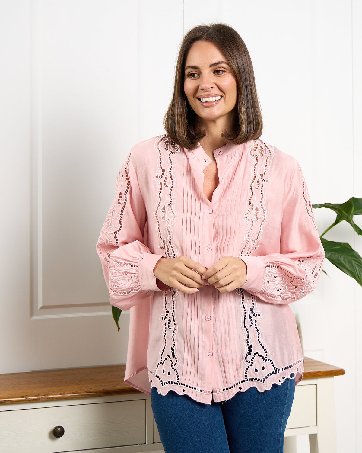 Norah Embroidered Pintuck Tencel Shirt – Pink