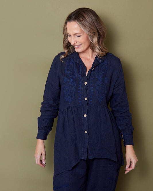 Robin Linen Blouse - Navy