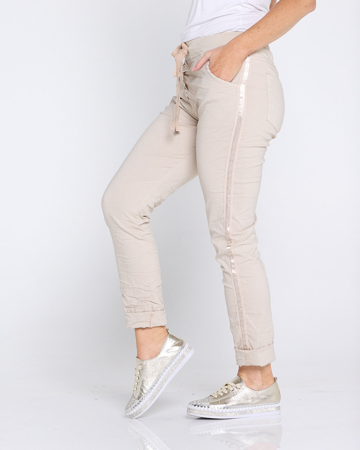 Zadie Stretch Crinkle Pants - Beige