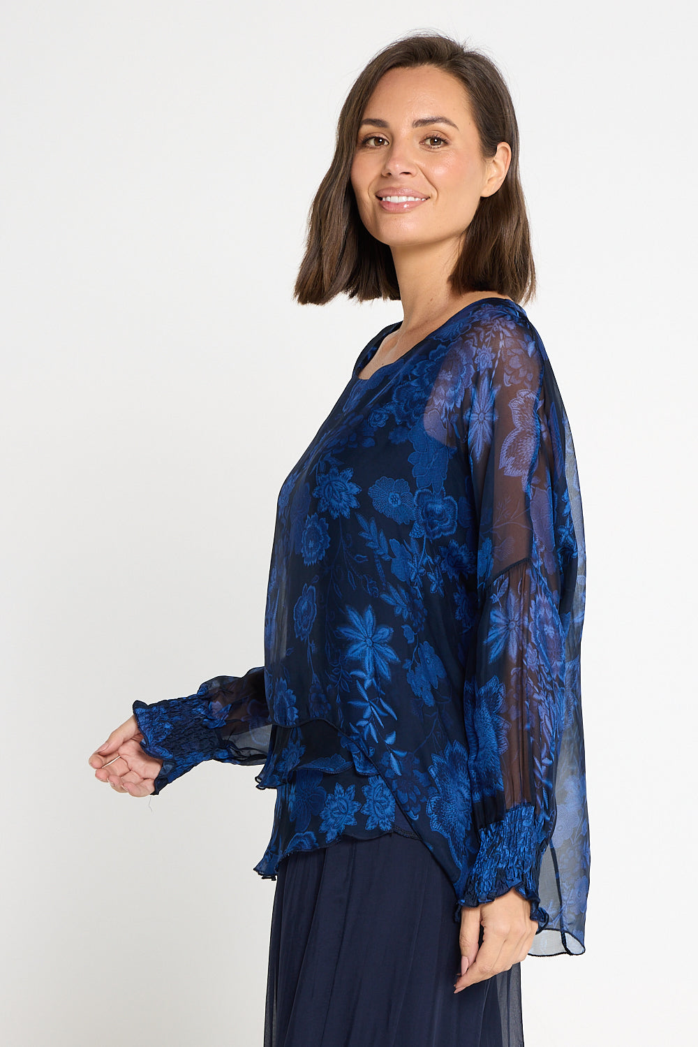 Lisette Long Sleeve Silk Top - Royal Jacobean