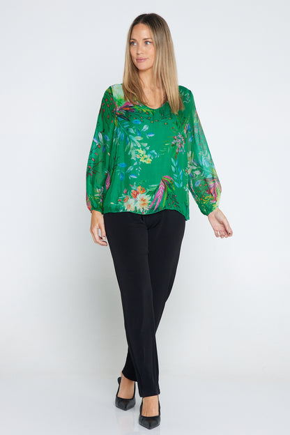 Sierra Long Sleeve Silk Top -  Emerald Botanical