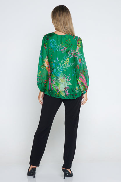 Sierra Long Sleeve Silk Top -  Emerald Botanical