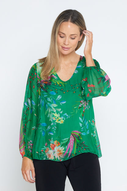 Sierra Long Sleeve Silk Top -  Emerald Botanical