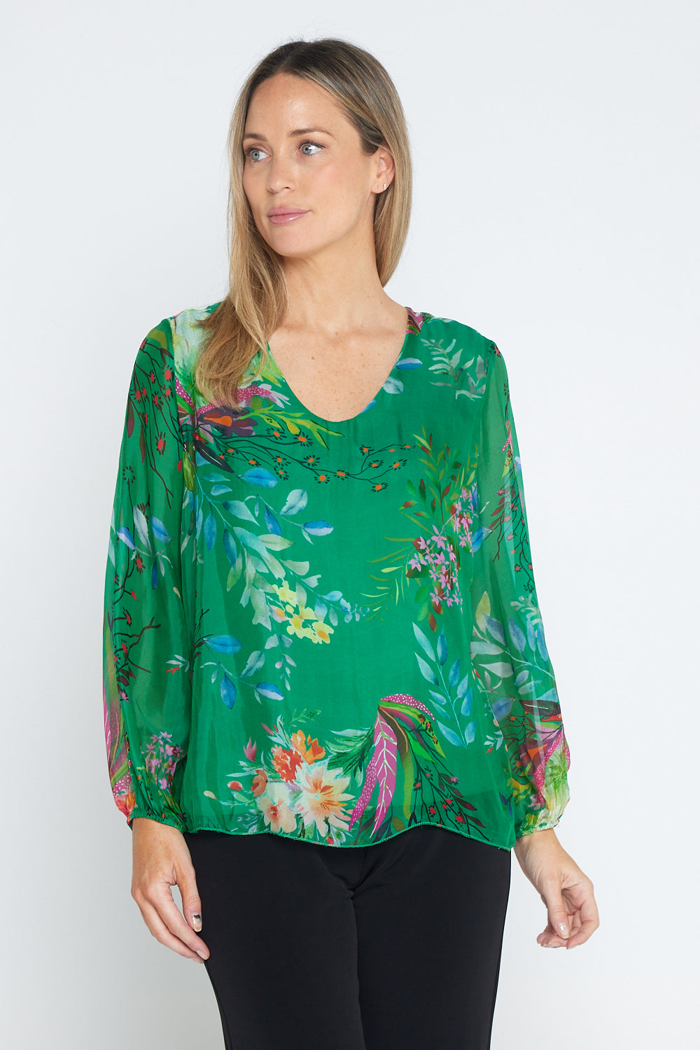 Sierra Long Sleeve Silk Top -  Emerald Botanical