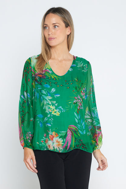 Sierra Long Sleeve Silk Top -  Emerald Botanical