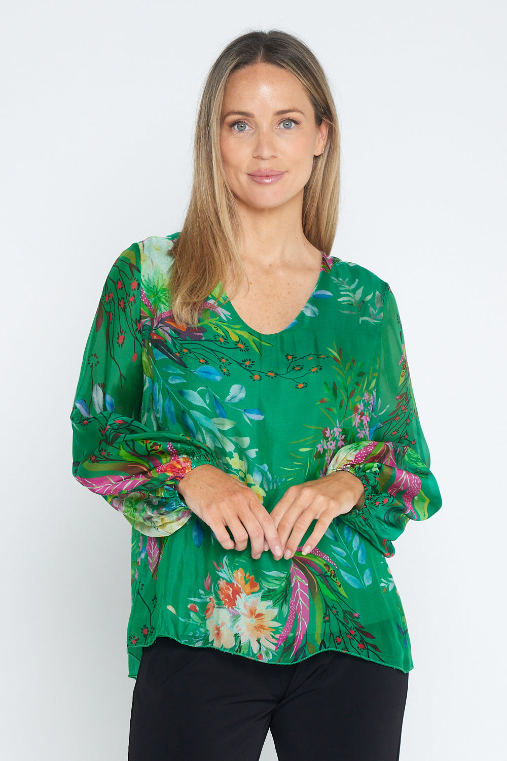 Sierra Long Sleeve Silk Top -  Emerald Botanical