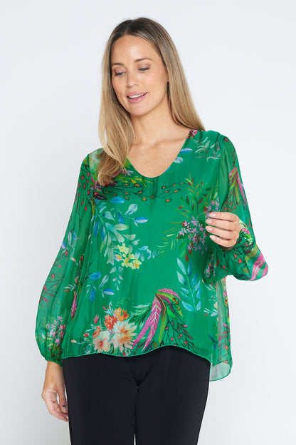 Sierra Long Sleeve Silk Top -  Emerald Botanical