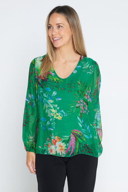 Sierra Long Sleeve Silk Top -  Emerald Botanical