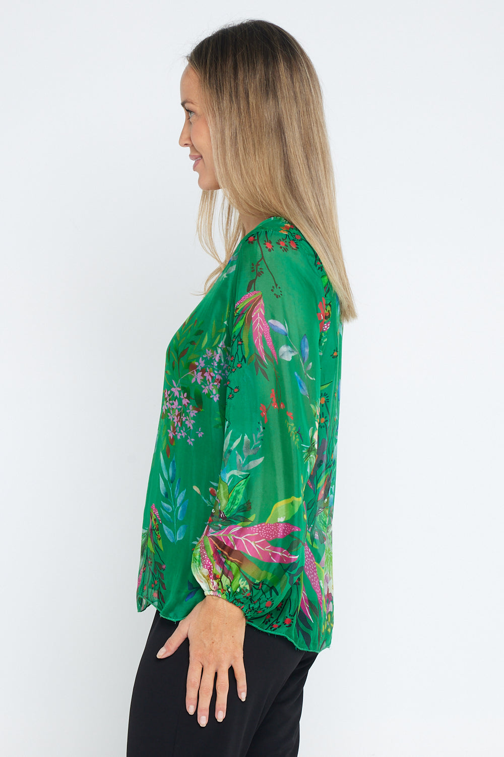 Sierra Long Sleeve Silk Top -  Emerald Botanical