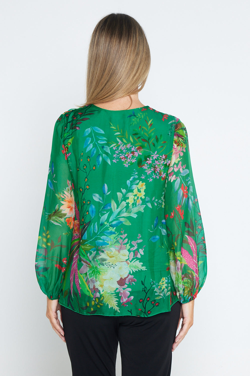 Sierra Long Sleeve Silk Top -  Emerald Botanical