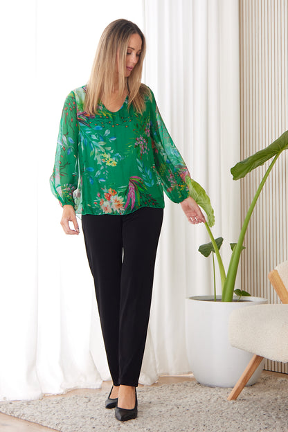 Sierra Long Sleeve Silk Top -  Emerald Botanical