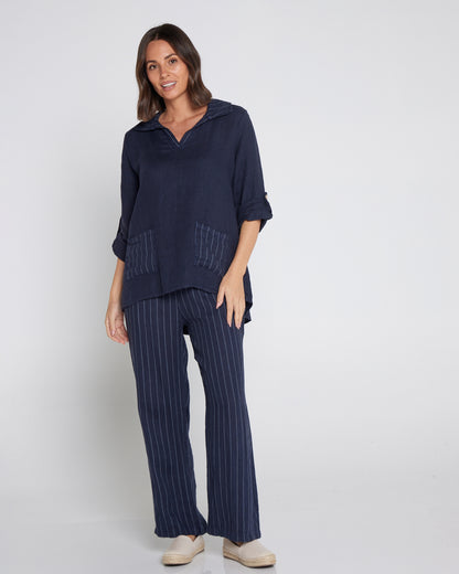 Zeta Linen Pants - Navy Pinstripe