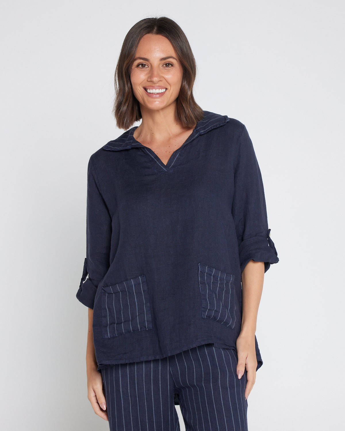 Nina Linen Top - Navy